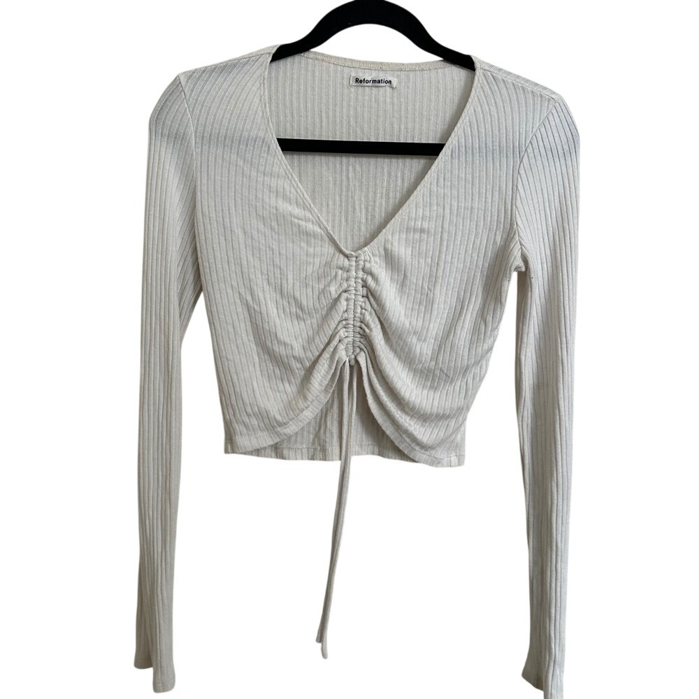 Reformation Cream Ribbed Ruched Cinch Drawstring Long Sleeve Top XS